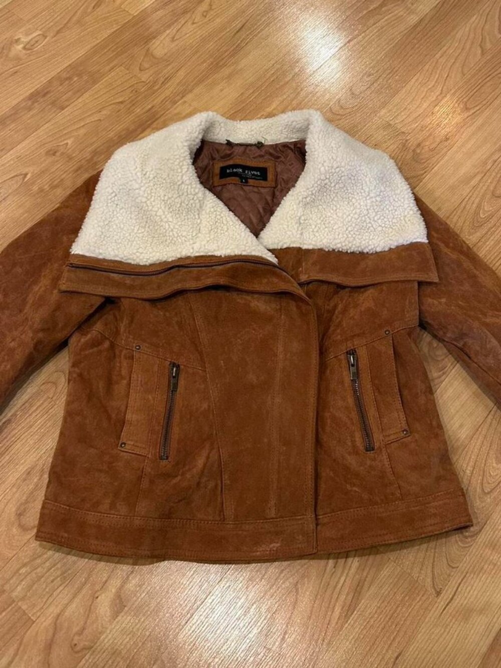 Black Rivet Genuine Suede Shearling Collar Jacket – Camel Tan, Size L